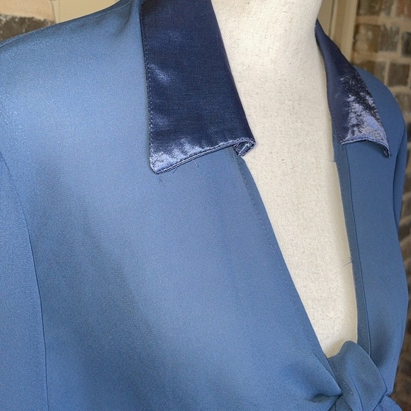 Vintage Judy Knapp Slate Blue Satin Pants Set Sheer Self Tie Halter Top Rayon LG - Picture 5 of 14